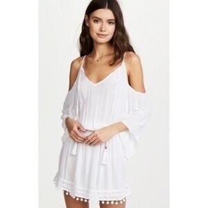 ELLA MOSS White Open Shoulder Dress Coverup Pom Pom Trim Beach Mini Dress SIZE S